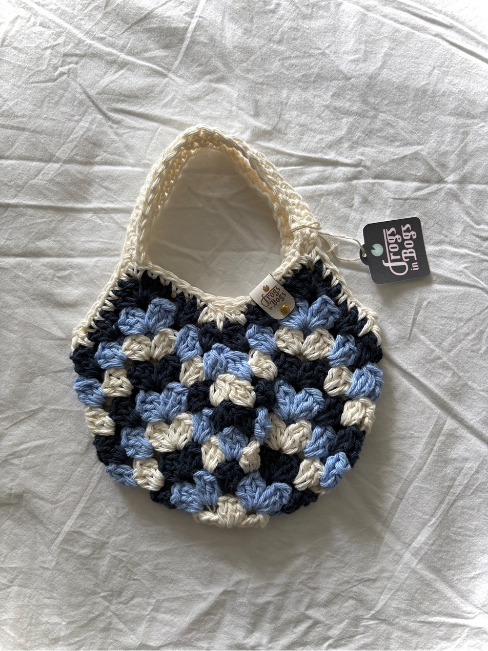 Cutest Handmade Crochet Mini Bag in Blue, Navy & Cream